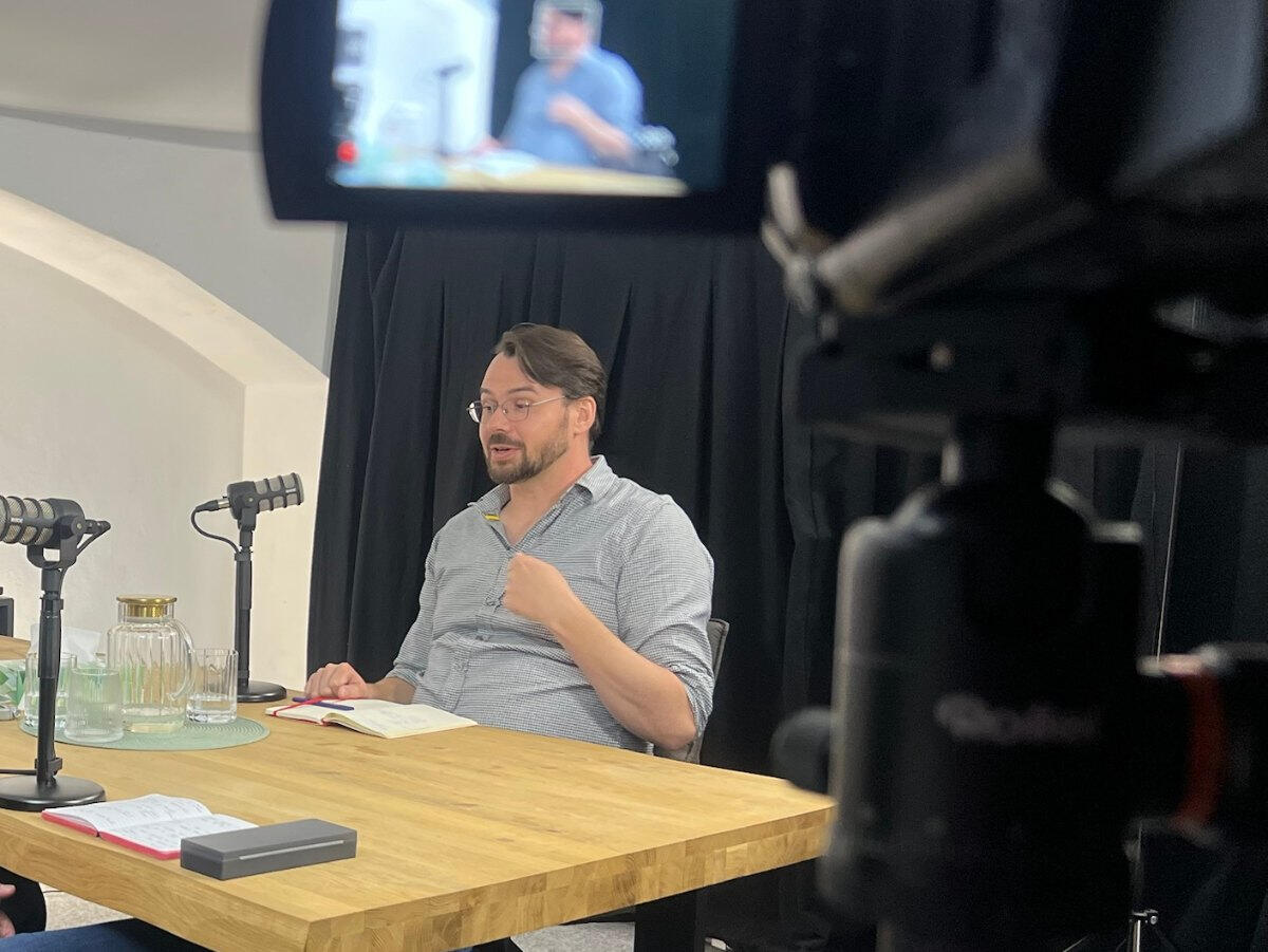Recording a Henry & Simon podcast episode in the Prague studio